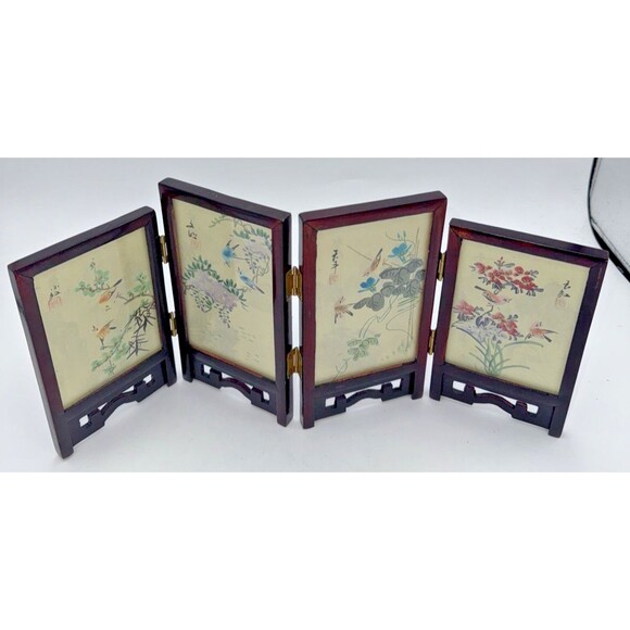 Vintage Mini Table Top Chinese Four Panel Screen 2 Sided Hand Painted 6.6”x14.5” - Picture 2 of 16